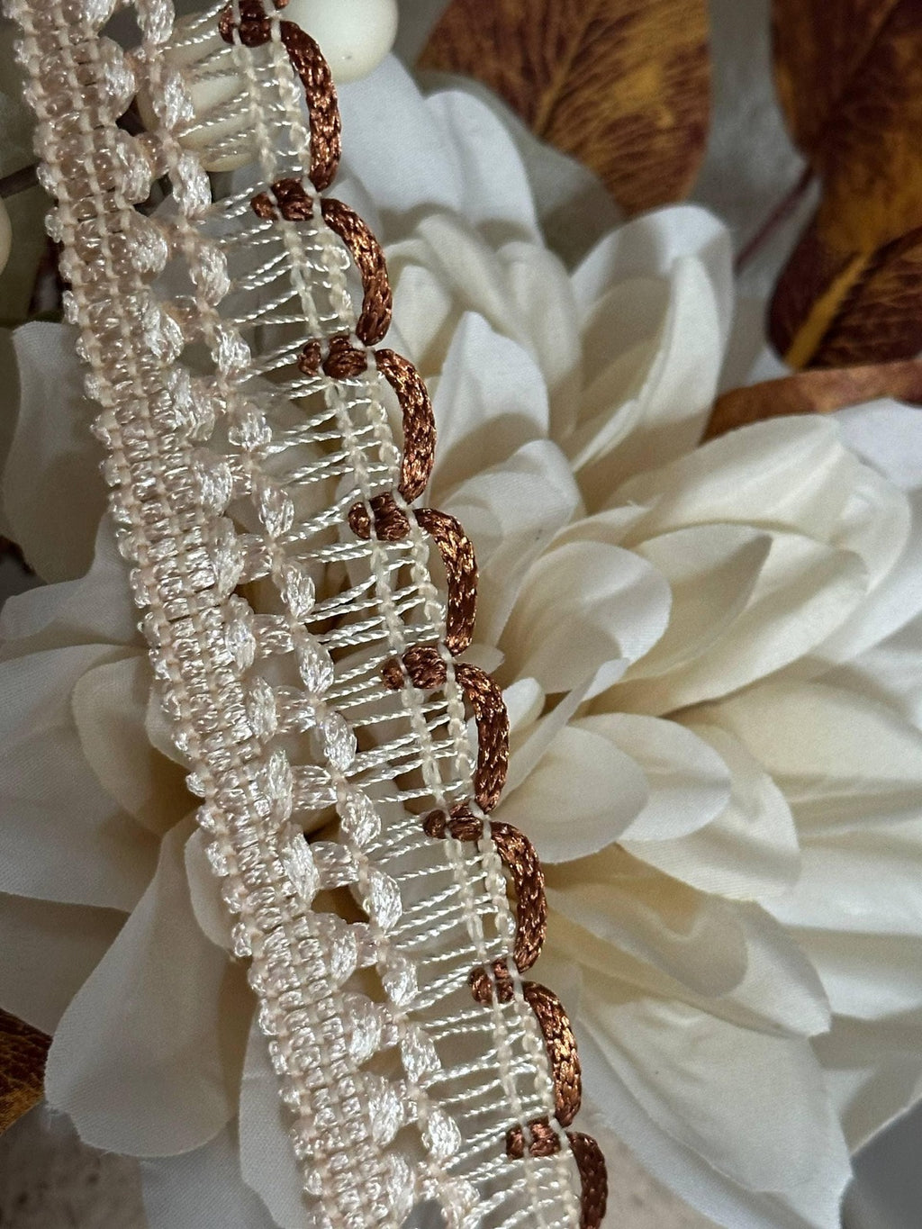 Two Tone Cream Brown Braided Scalloped Gimp Trim by the Yard, Vintage Woven Ribbon for Sewing Crafts, 1", Retail Wholesale Bulk