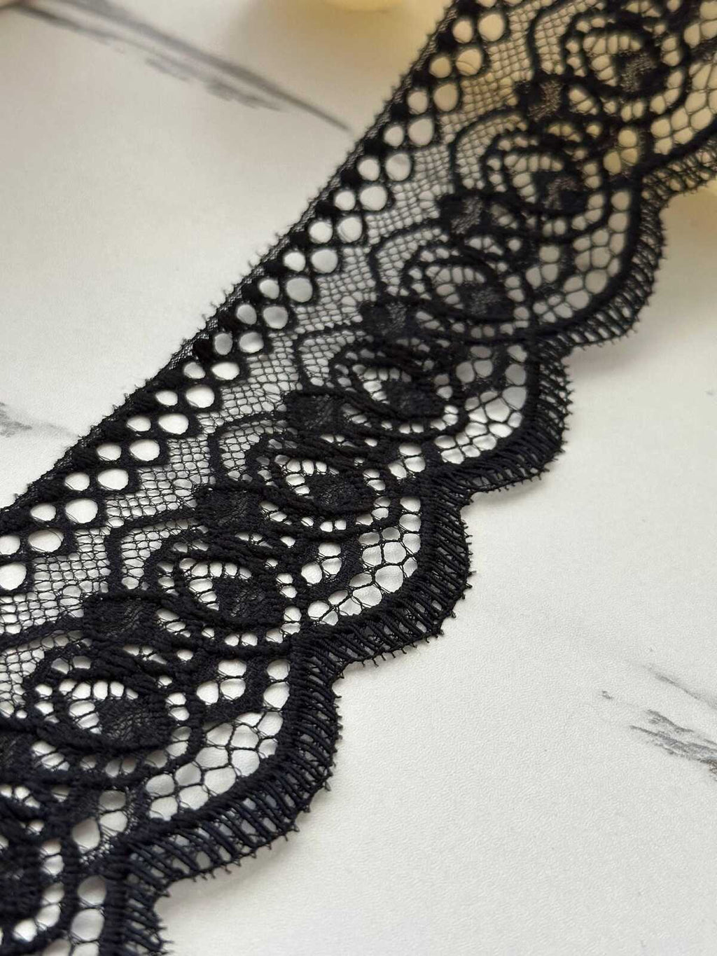 5Yds Non-Stretch 2.4" Black Embossed Floral Scalloped Mesh Lace Trim Wholesale