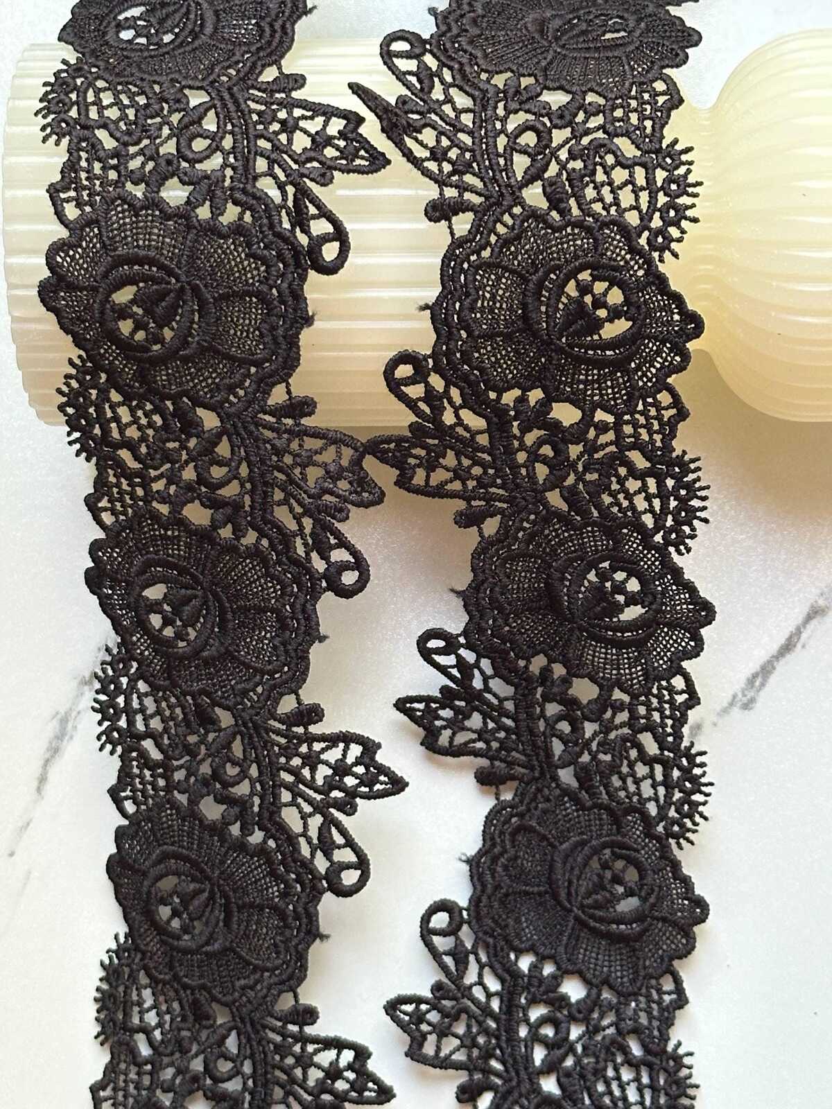 Gothic Black Venetian Guipure Chemical Water Soluble Floral Lace Trim Heavyweight Embroidered Rose Ribbon for Gowns Crafts Sewing, 1.5"