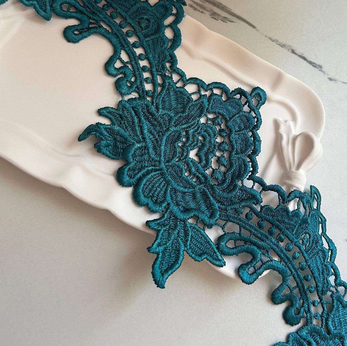 Teal Green Guipure Water Soluble Chemical Lace Trim by the Yard, 3D Floral Venetian Ribbon for Evening Gowns, 3.5"