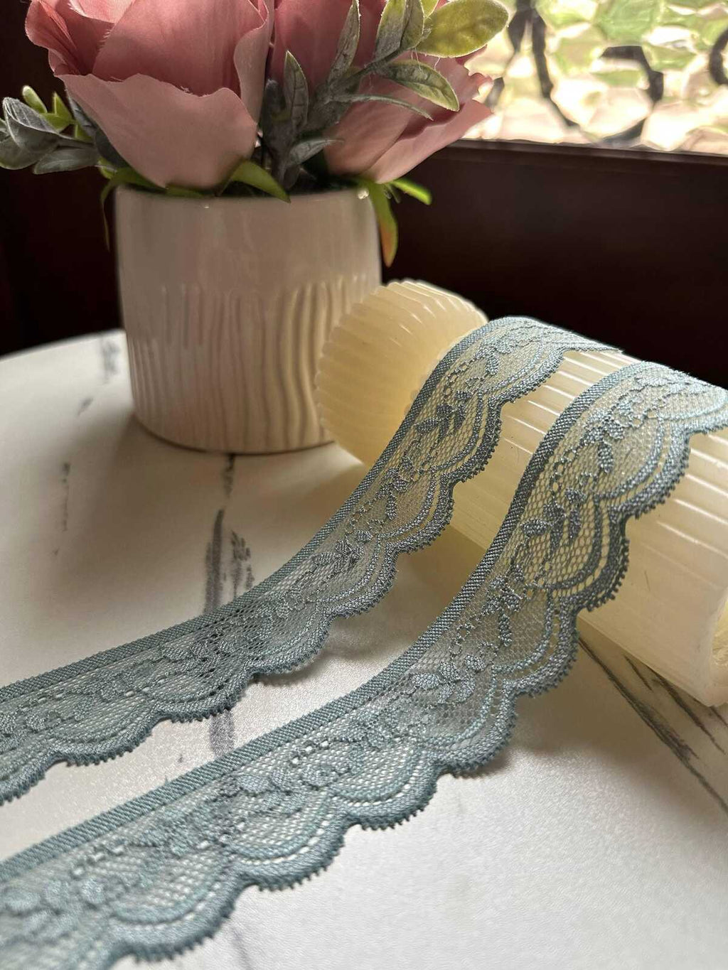 10yds Dusty Sage Mint Blue Foliage  Stretch Elastic Lace Trim Single Scalloped Narrow Ribbon for Lingerie Underwear Crafts Sewing, 1.25"