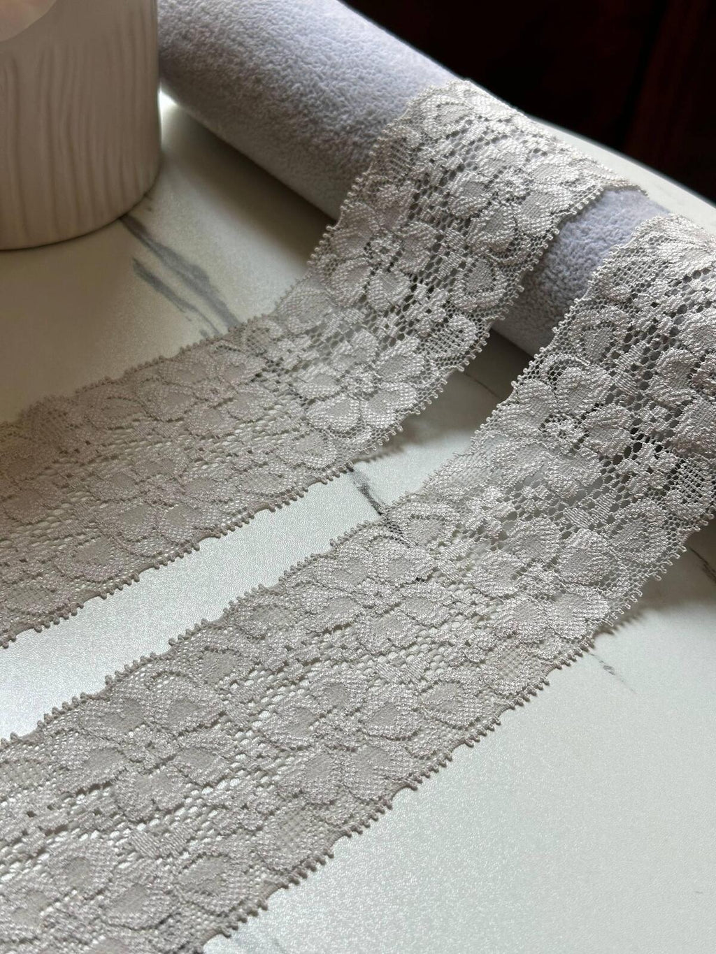 Taupe Grey Floral Stretch Lace Trim by Yard, Elastic Ribbon, Soft Skin Friendly Coquette Craft Supply, 2.15", Retail Wholesale Bulk