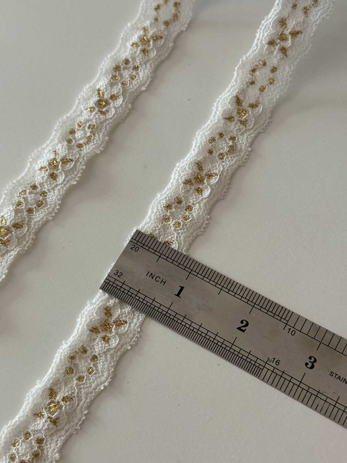 10yds White Gold Metallic Stretch Lace, 0.8" Elastic Ribbon, Bulk Clearance Coquette Y2K Lace, Lingerie, DIY Sewing, Retail Wholesale