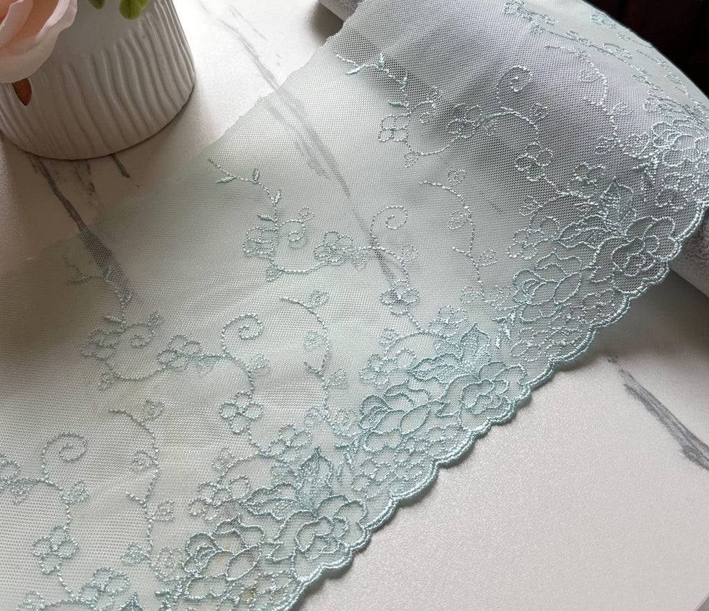 Mint Green Embroidered Tulle Lace Trim, Ultra Soft Sheer Mesh Ribbon, Coquette Craft Supply, 7", Retail Wholesale Bulk