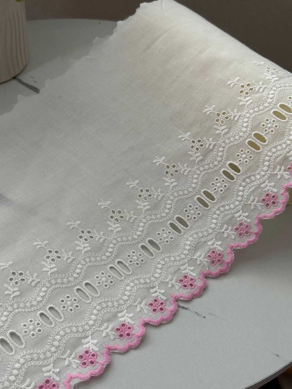 1Yd Non-Stretch 8.3" Off-White Pink Cotton Eyelet Embroidered Lace Trim