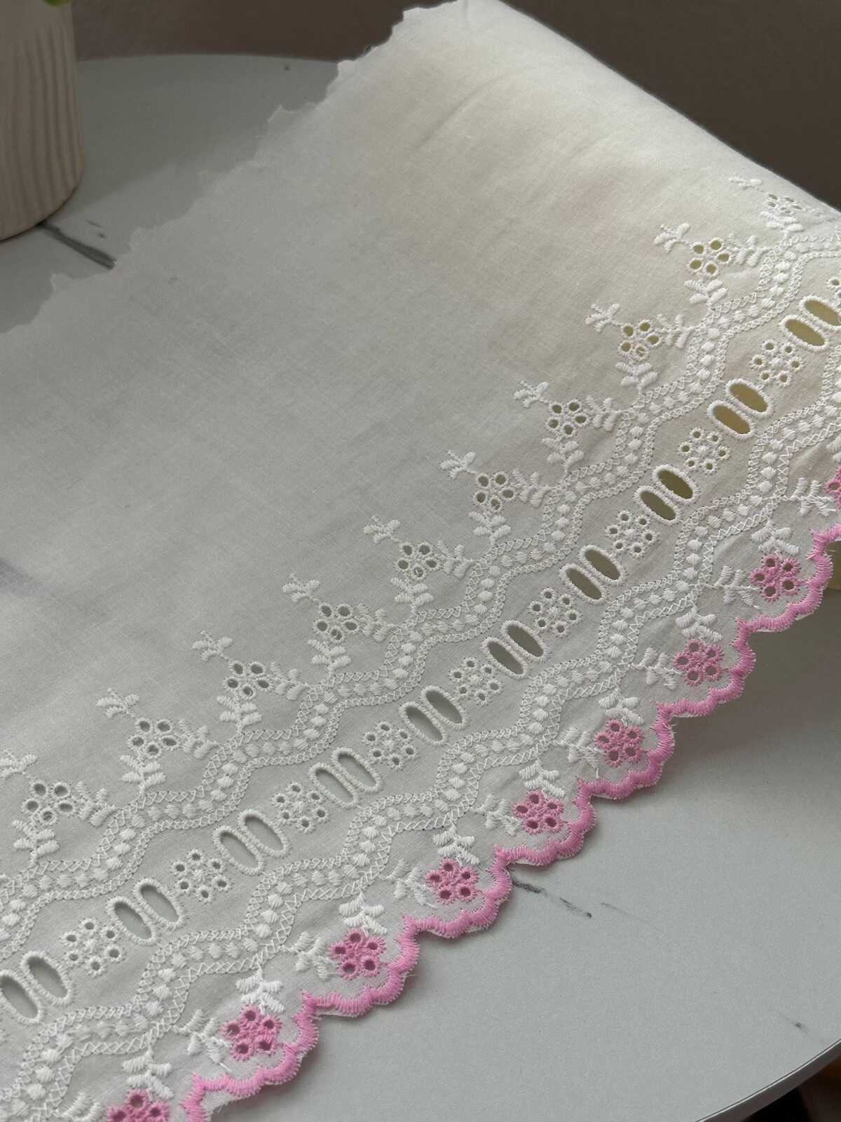 1Yd Non-Stretch 8.3" Off-White Pink Cotton Eyelet Embroidered Lace Trim
