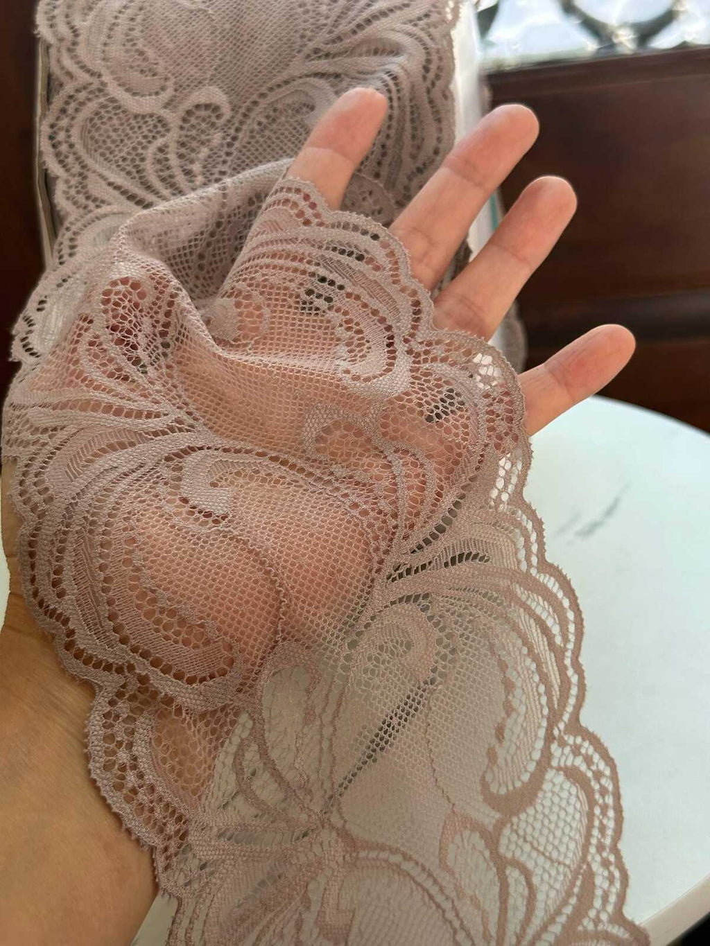 Dusty Rose Mauve Floral Wide Stretch Lace Trim by the Yard, Soft Scalloped Elastic Ribbon for Lingerie Apparel, 4.5"