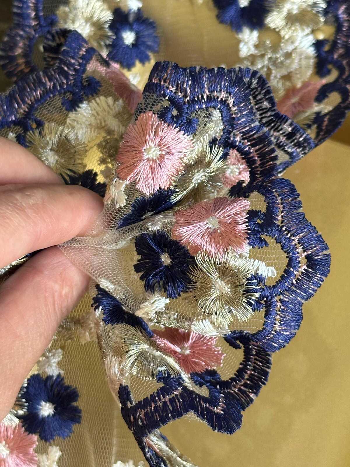 4.5" Navy & Pink Floral Embroidered Organza Lace Trim by the Yard, Heavy Craft Scalloped Double Edged Lace for Lolita Dress, Victorian Craft