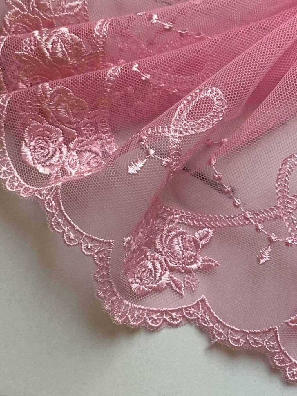 Light Baby Pink Rose Embroidered Mesh Tulle Lace Trim Symmetrical Double Scalloped Wide Galloon Ribbon for Gowns Lingerie Crafts Sewing, 6"
