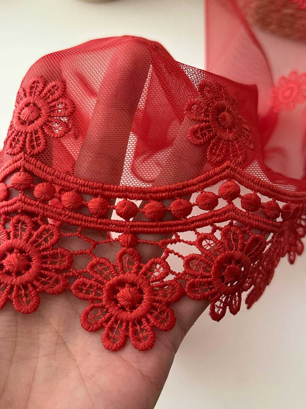 3Yds Non-Stretch 11" Red Daisy Floral Mesh Embroidered Lace Trim, Wholesale