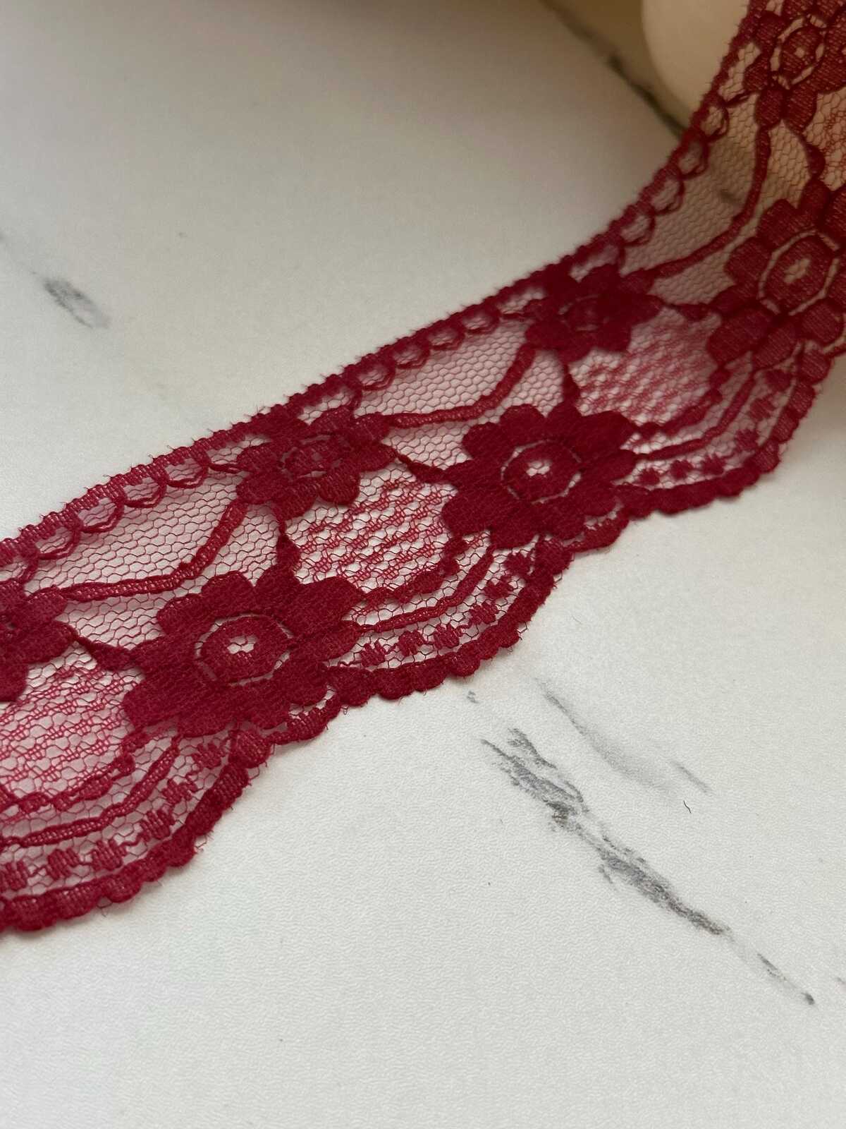 10Yds Non-Stretch 1.6" Burgundy Wine Red Floral Mesh Lace Trim Wholesale