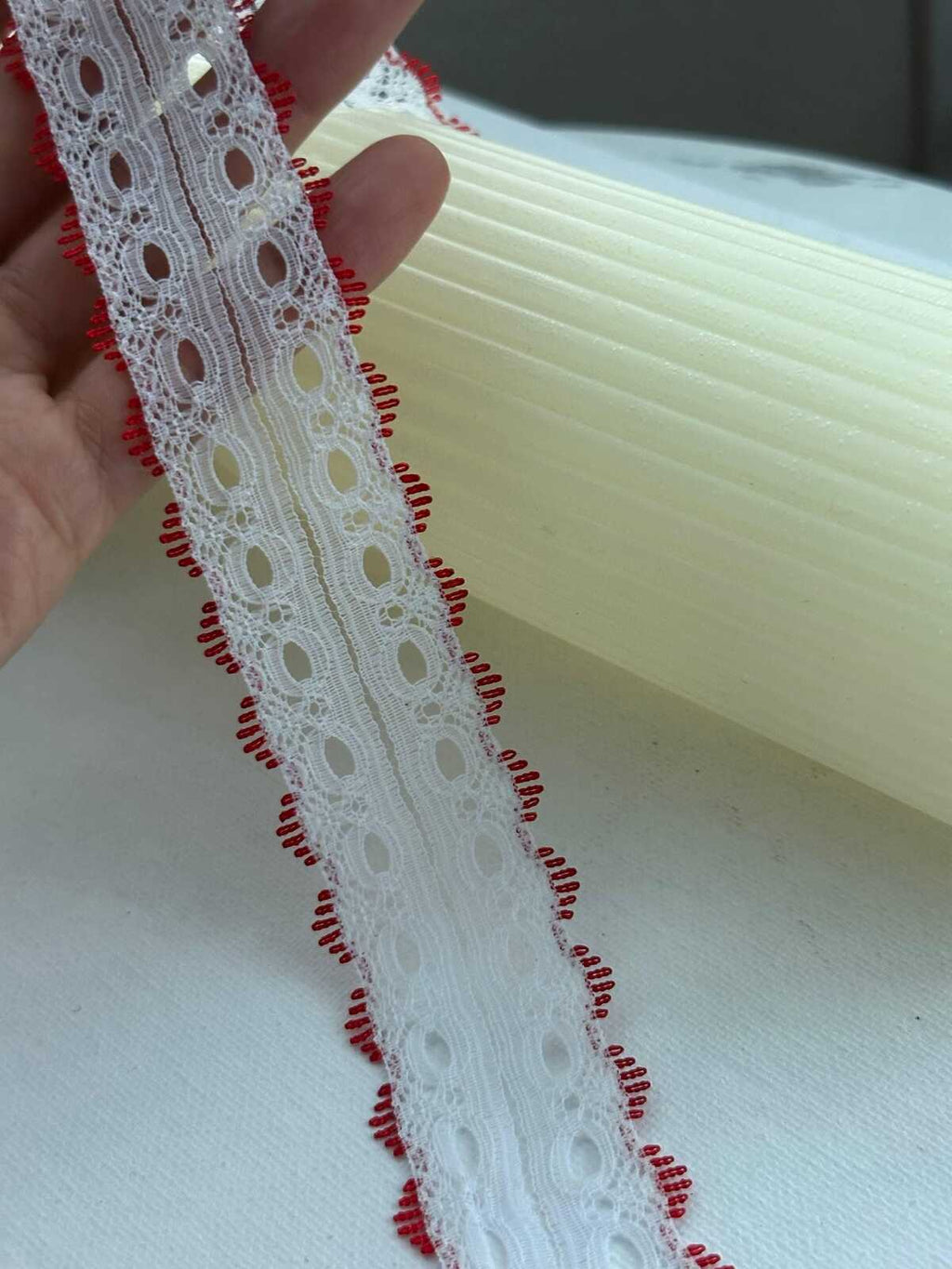 10Yds Non-Stretch 1.1" White Red Split Beading Insertion Eyelet Lace Wholesale