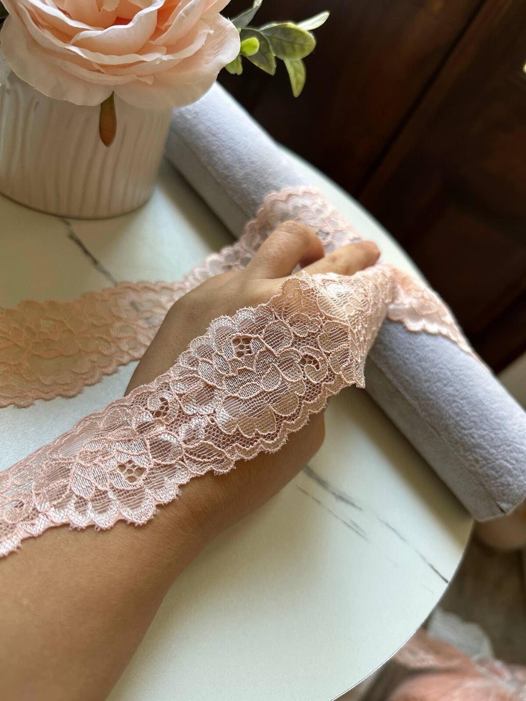 10yds Soft Sheer Peach Pink Floral Stretch Lace Trim by the Yard, Lightweight Scalloped Elastic Ribbon for Crafts, 1.85", Retail Wholesale