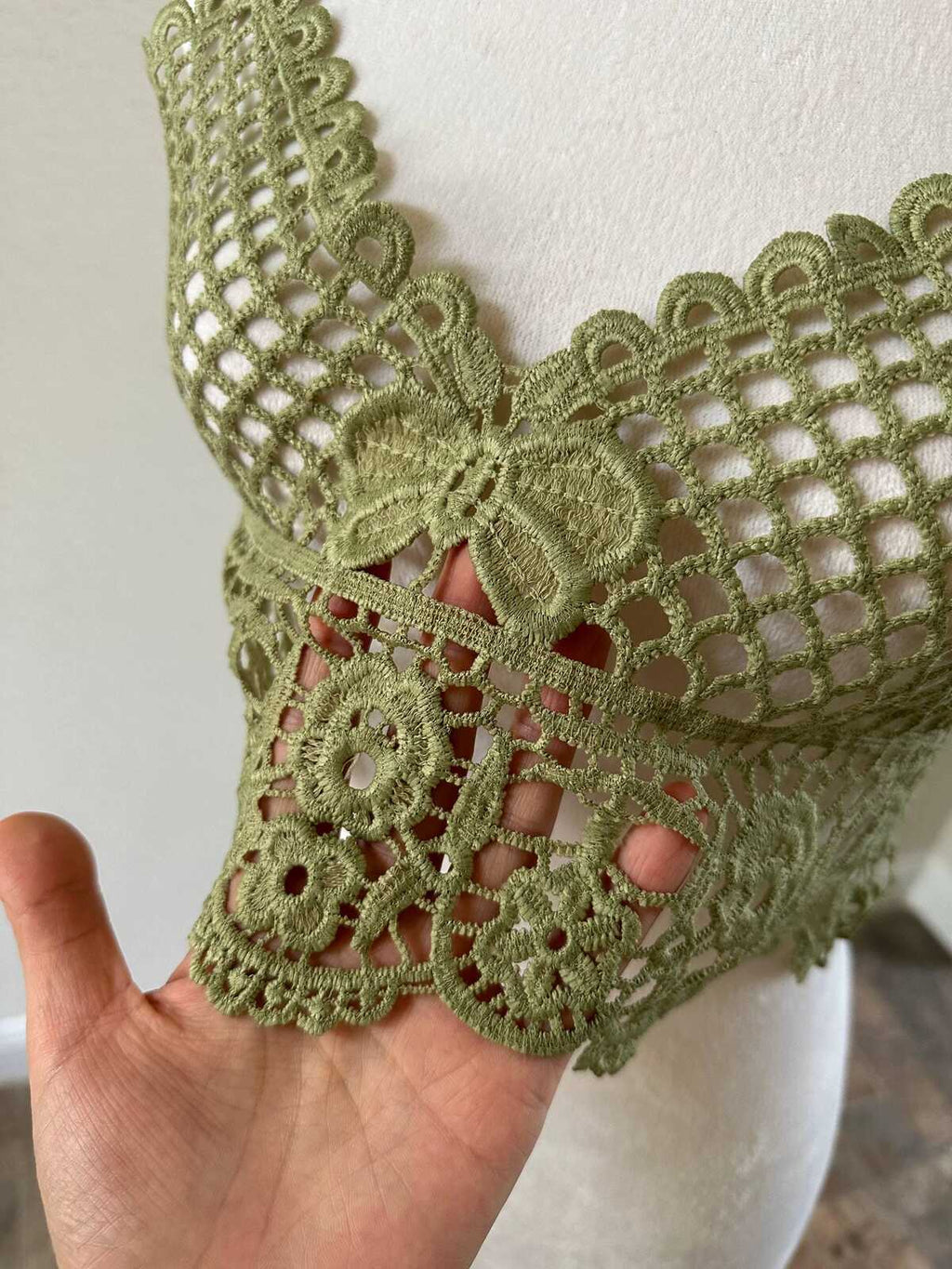 Muted Sage Green Guipure Water Soluble Lace Bodice Applique Motif Butterfly Floral Embroidered Front Panel for Camisole Blouse Sewing, 18"