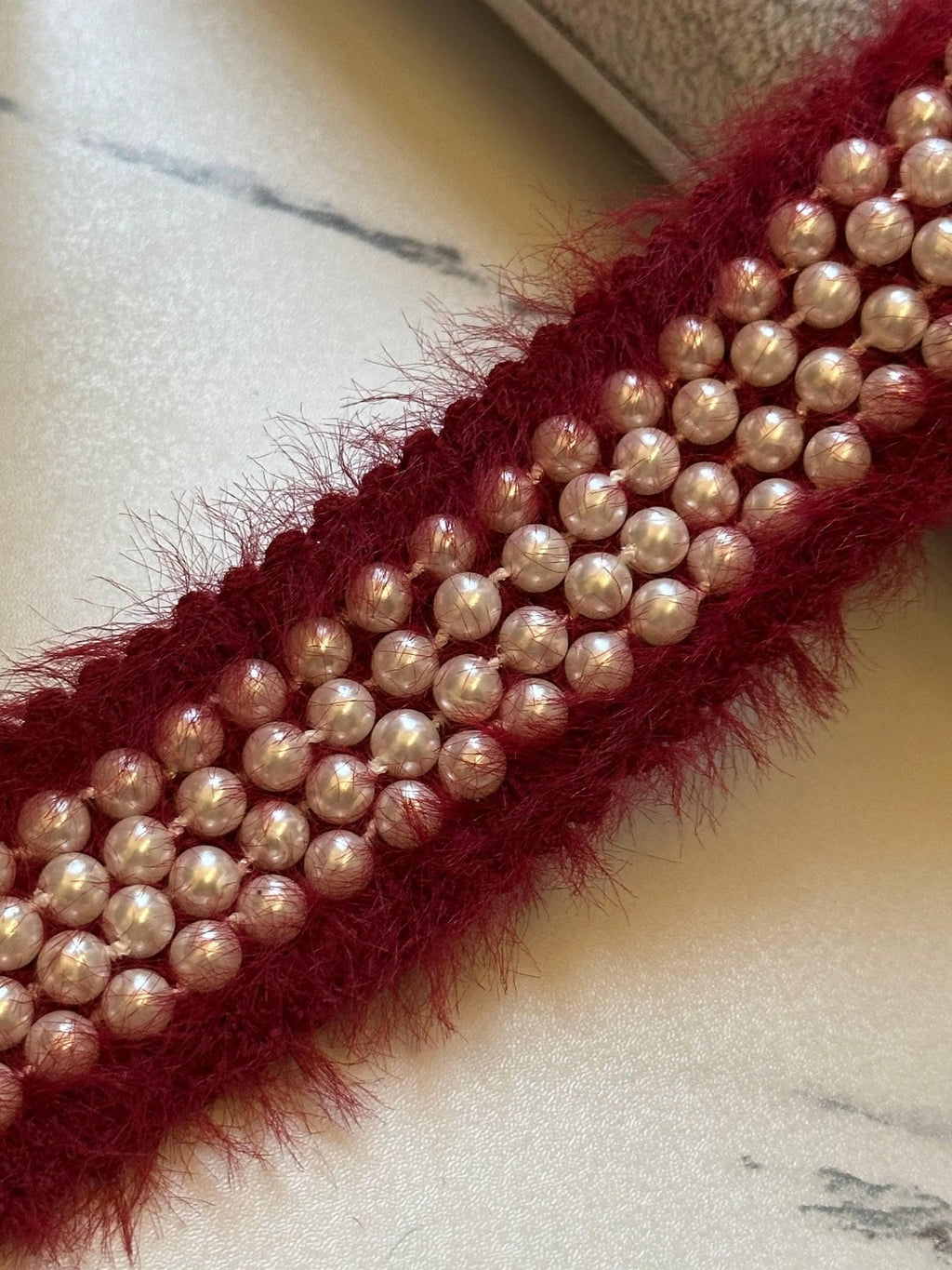 Burgundy Pearl Beaded Tweed Trim by Yard, 1.35" Fuzzy Mohair Ribbon, Chanel Style Border, Coquette Craft Supply, DIY Sewing,Retail Wholesale