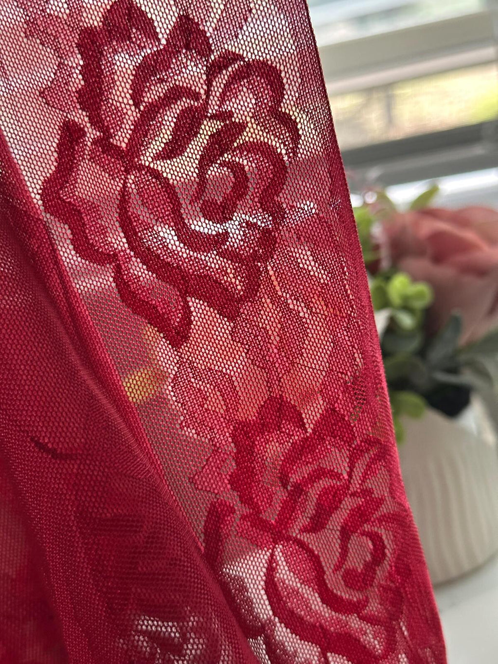 2Yds Stretch 11.6" Crimson Red Floral Cross Mesh Elastic Lace Trim Wholesale