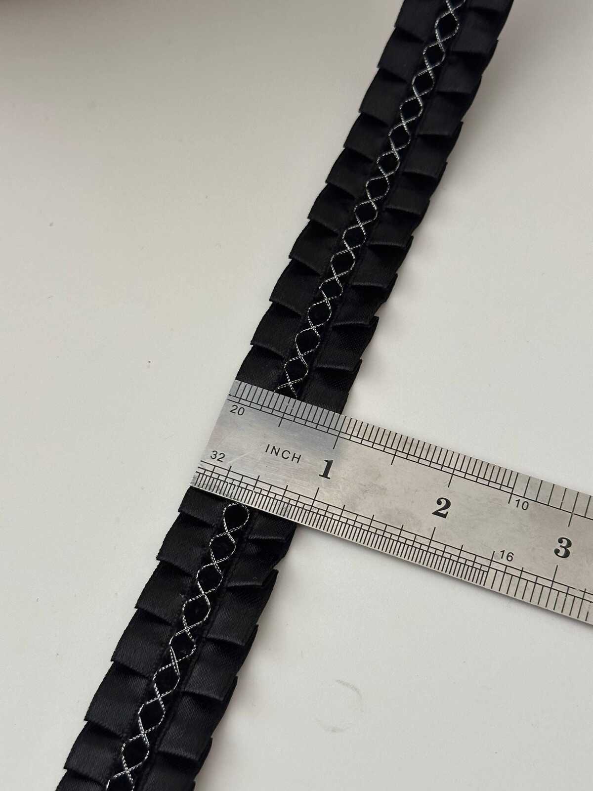 5Yds Black Box Pleated Satin Lace, 0.95" Silver Stitch Ribbon, Bulk Clearance Coquette Y2K Lace, Garment Trim, DIY Sewing, Retail Wholesale