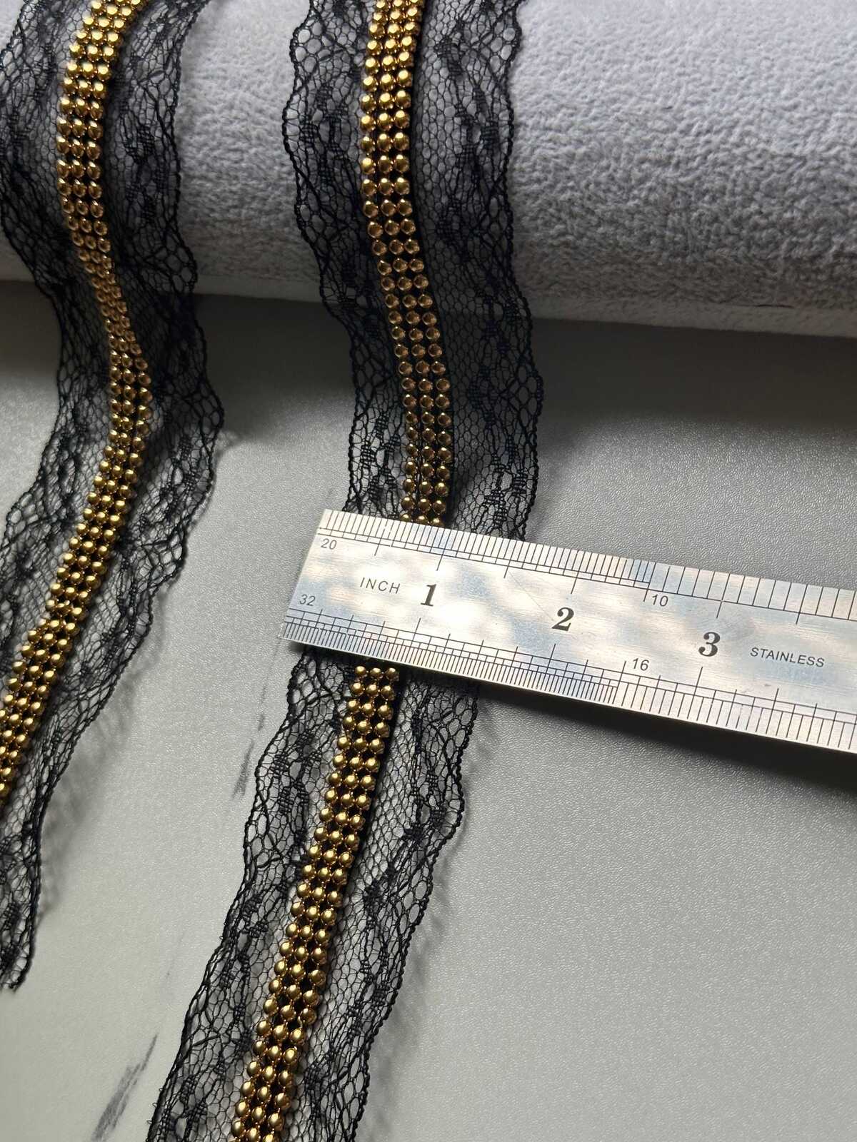 Black Wide Lace Trim by Yard, 1.5" Gold Chain Ribbon, Coquette Y2K Lace, Lingerie Lace, DIY Sewing Craft, Retail Wholesale