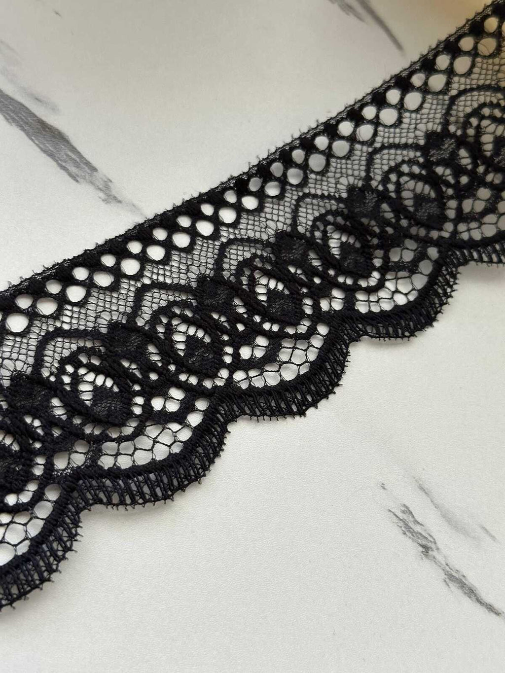 5Yds Non-Stretch 2.4" Black Embossed Floral Scalloped Mesh Lace Trim Wholesale
