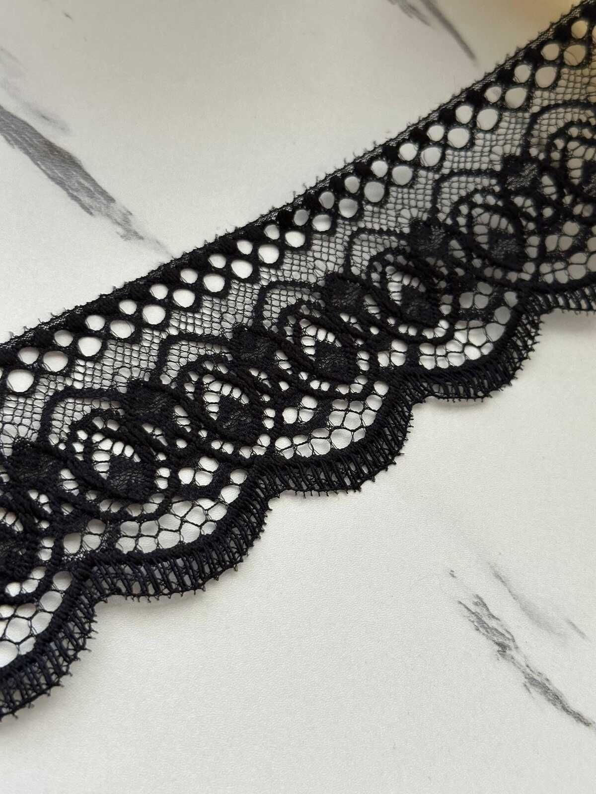 5Yds Non-Stretch 2.4" Black Embossed Floral Scalloped Mesh Lace Trim Wholesale