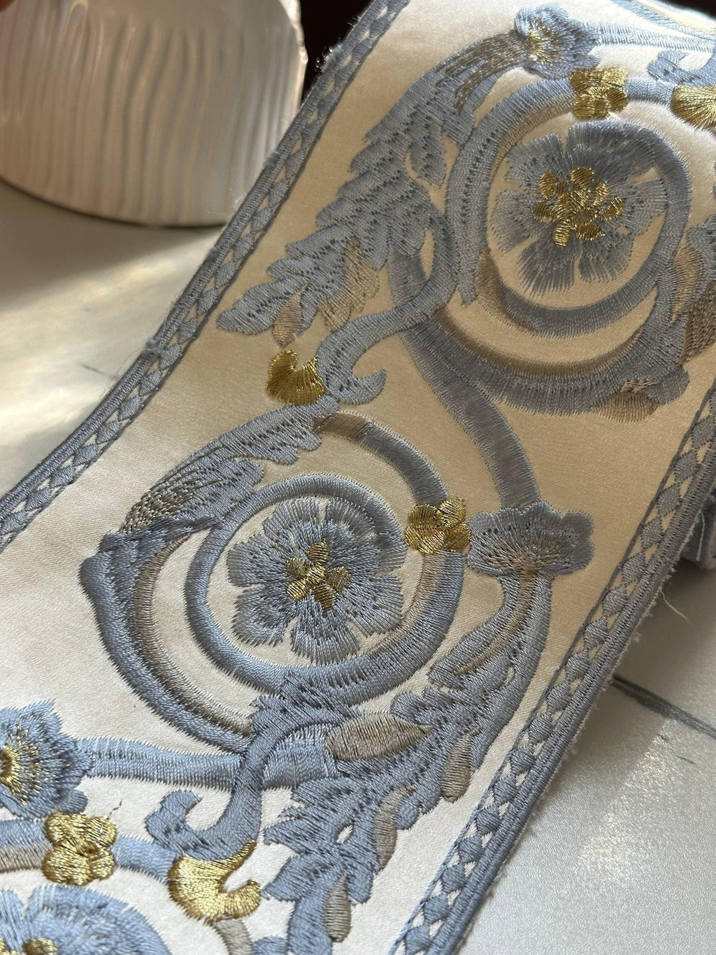 Light Blue Floral Jacquard Ribbon, 4.5" Heavy Trim, Bulk Clearance Coquette Y2K Lace, Dress Border, DIY Sewing, Retail Wholesale