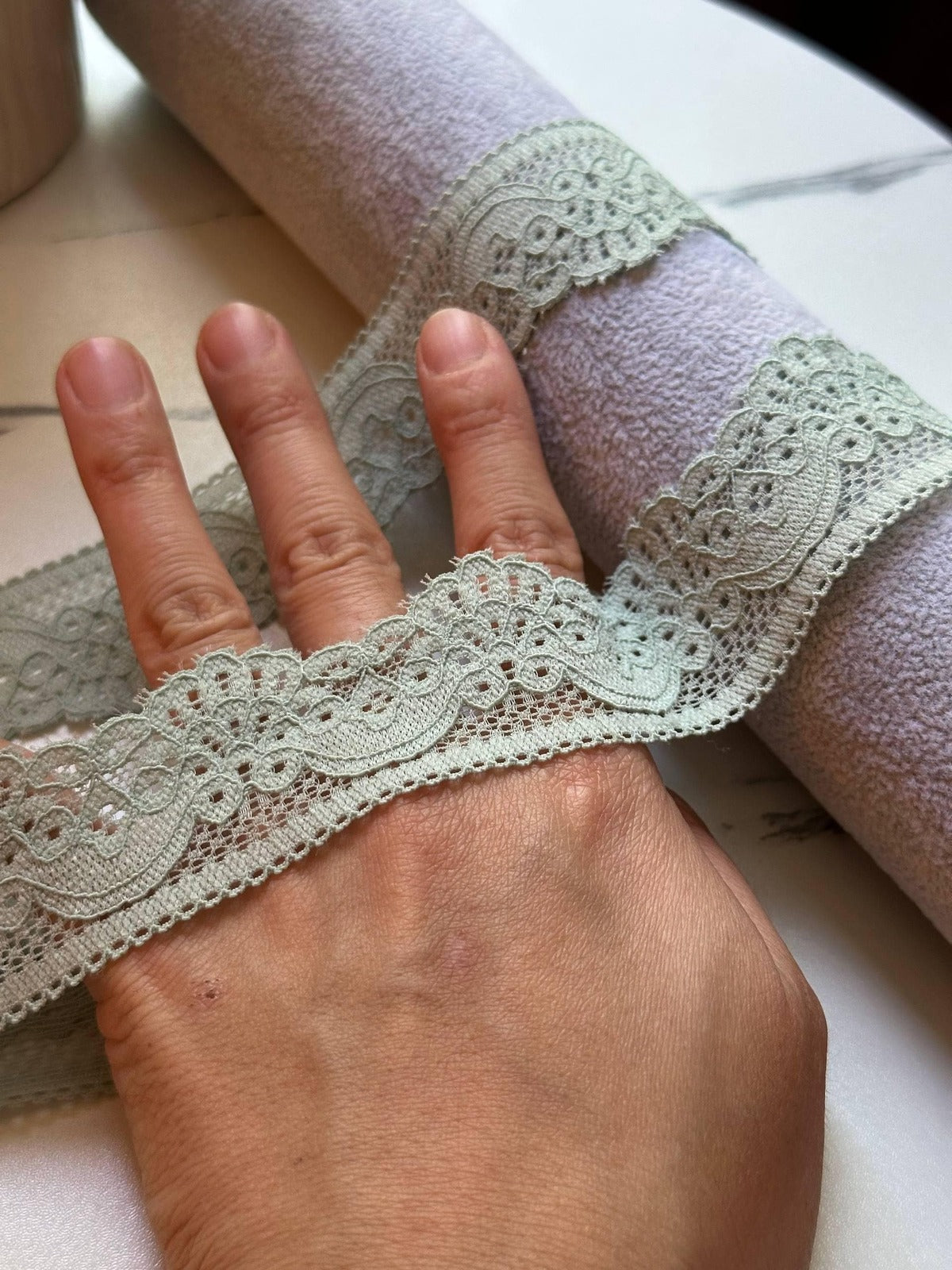 10yds Muted Sage Green Floral Stretch Lace Trim by the Yard, Narrow Scalloped Elastic Ribbon for Coquette Lingerie Crafts, 1.3"