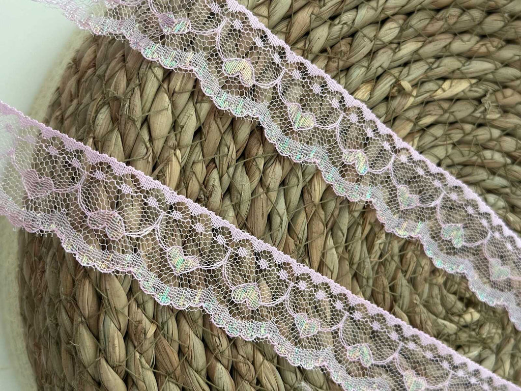 10yds Pink Heart Lace Trim, 1" Non-Stretch Ribbon, Bulk Clearance Coquette Y2K Lace, Garment Trim, DIY Sewing, Retail Wholesale