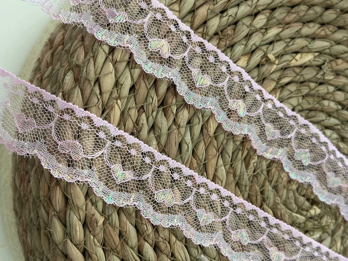 10yds Pink Heart Lace Trim, 1" Non-Stretch Ribbon, Bulk Clearance Coquette Y2K Lace, Garment Trim, DIY Sewing, Retail Wholesale