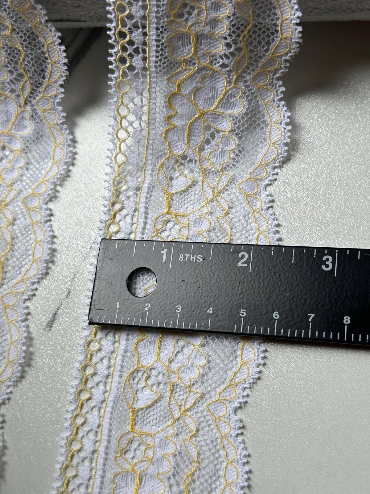 Two Tone White Yellow Floral Corded Stretch Lace Trim by Yard, Scalloped Elastic Ribbon for Crafts, 2.35", Retail Wholesale Bulk