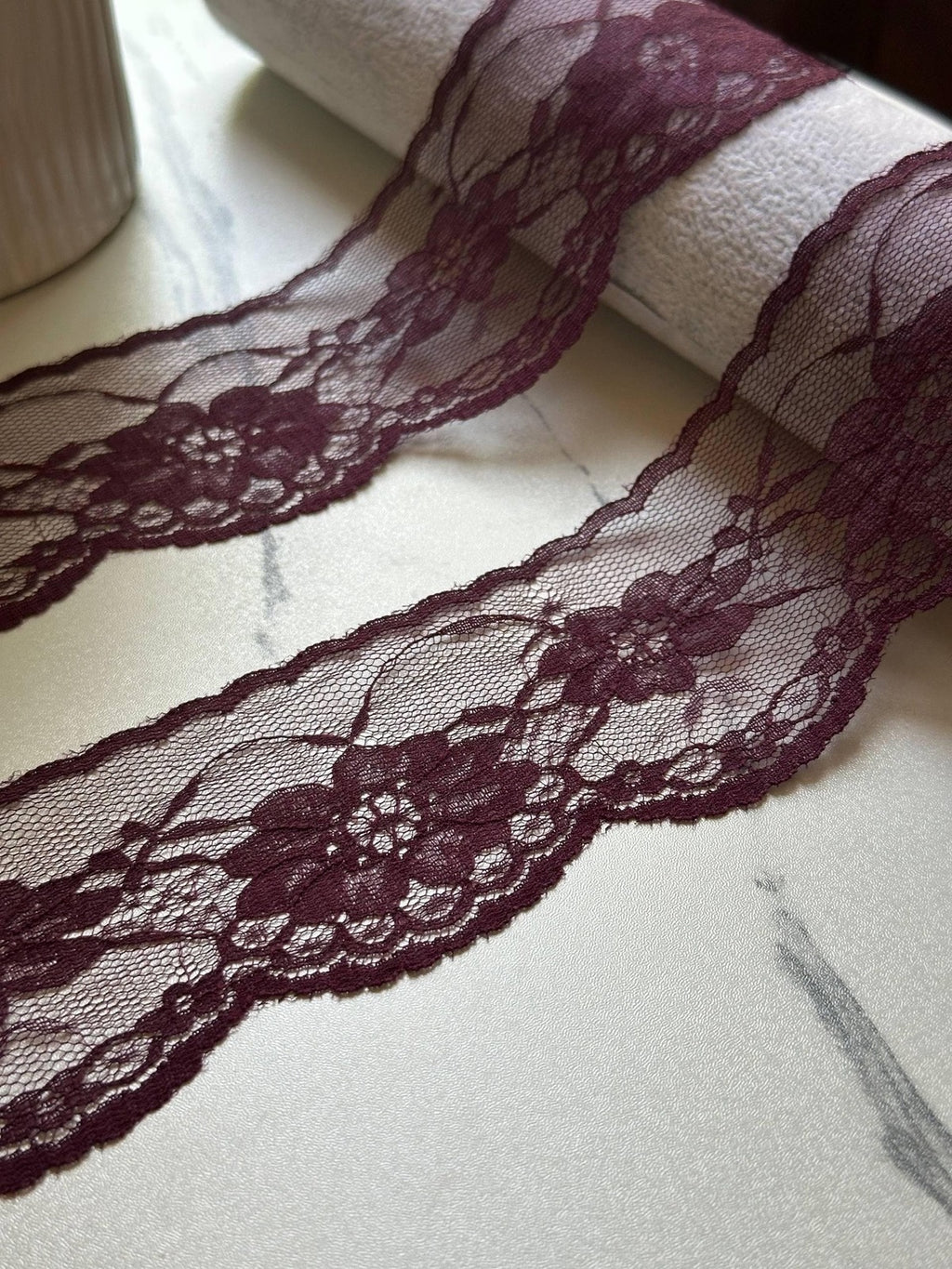 10yds Burgundy Floral Lace Trim by Yard, Non Stretch Drape Ribbon, Soft Skin Friendly Coquette Craft Supply, 2", Retail Wholesale Bulk
