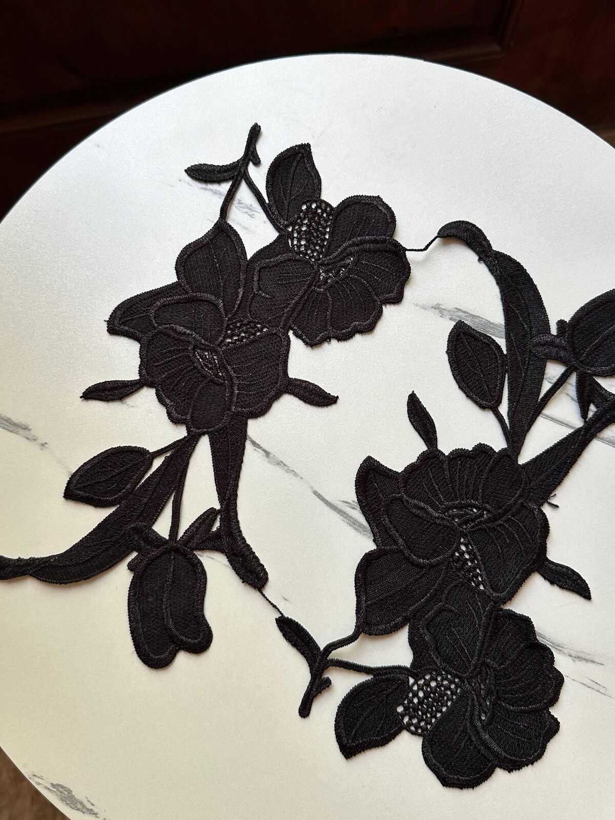 Onyx Black Floral Guipure Lace Applique Motif, Symmetrical Embroidered Flower Patches Pair for Shoulder Mirror Dress Sewing, 10"x4"
