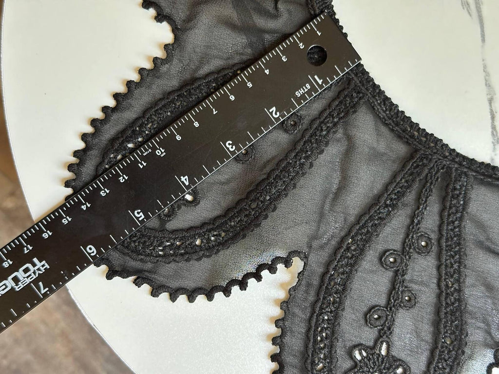 Black Organza Embroidered Lace Collar Detachable Peter Pan Neckline Applique Statement Bodice Motif for Gowns Blouses Crafts, 6"