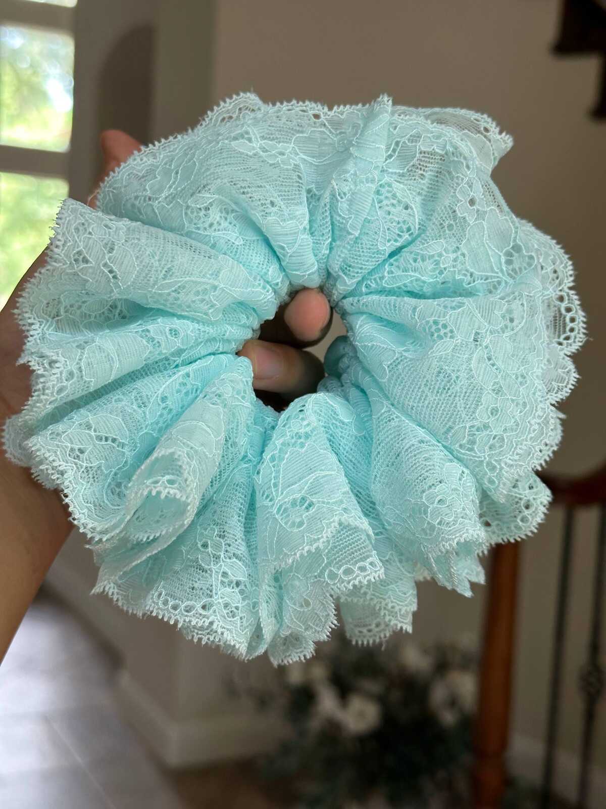 Oversized Double Layer Lace Scrunchie, Jumbo Handmade Mint Blue Ruffle Hair Tie, Elegant Balletcore Coquette Ponytail Holder, Gift