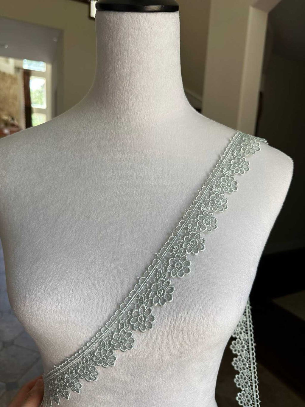 Sage Green Beading Daisies Venetian Guipure Chemical Water Soluble Lace Trim Ribbon Insertable Openwork Scalloped Edge Border Crafts, 1.25"
