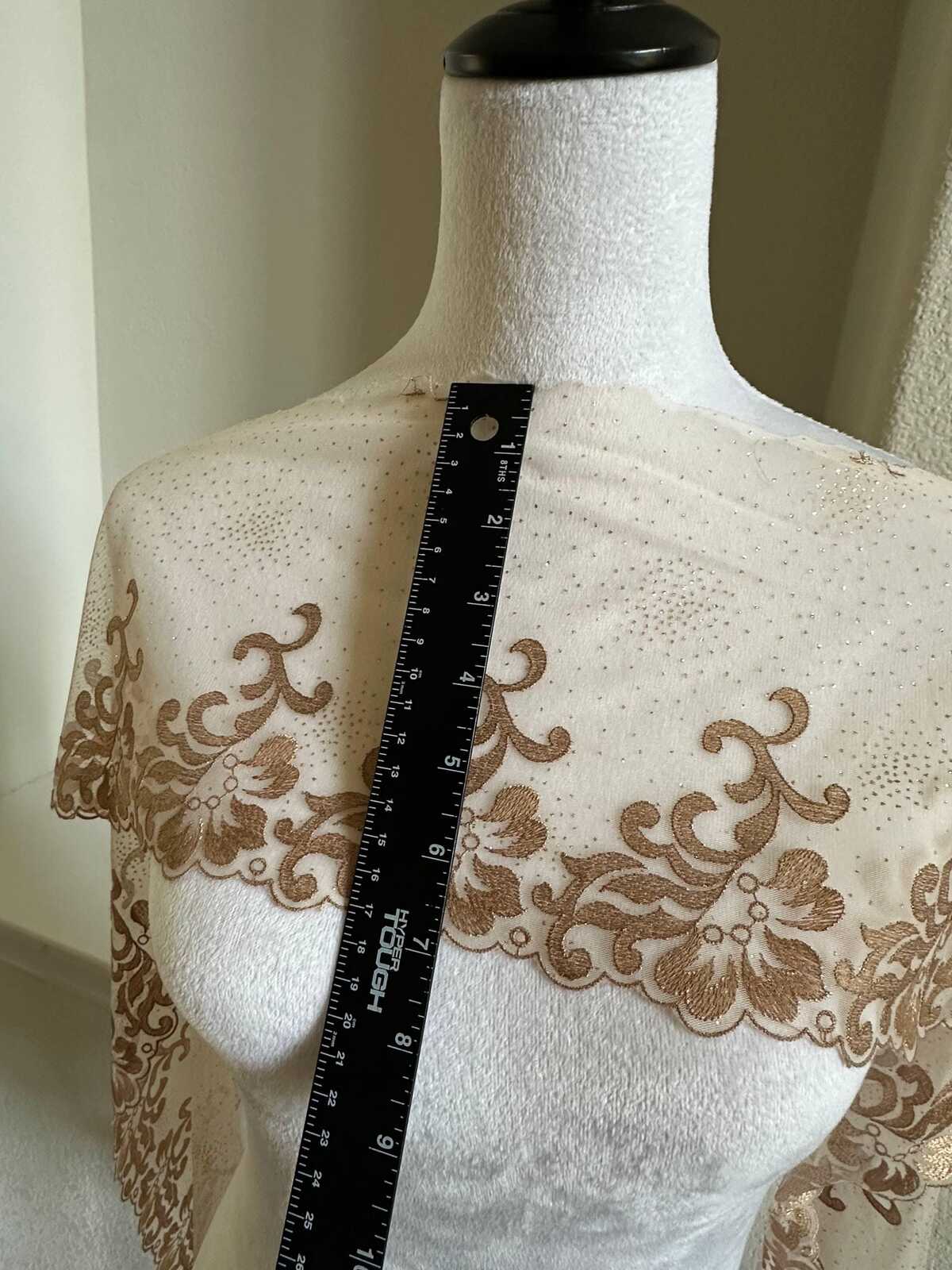 Glitter Gold Soft Mesh Embroidered Trim, Heavy Scalloped Floral Lace Fabric, 4 Inch Embroidery Border for Lolita Dress Ruffle, By The Yard