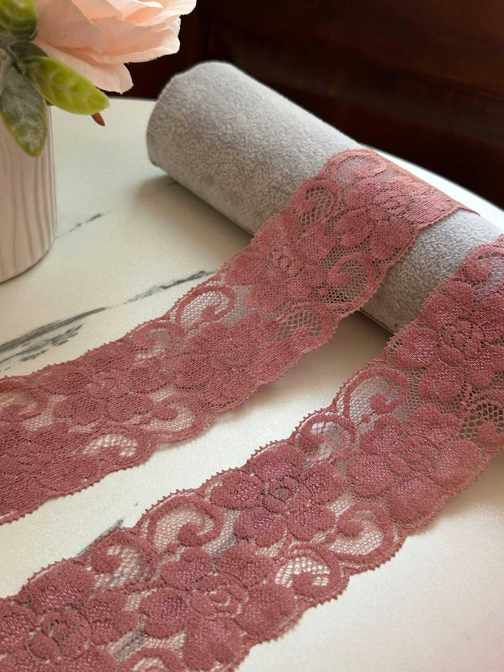10yds  Soft Dusty Rose Floral Scalloped Stretch Lace Trim by the Yard, Elastic Ribbon for Coquette Crafts, 2.25", Retail Wholesale Bulk