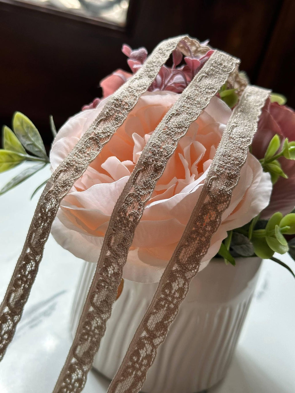 10yds Taupe Cocoa Brown Floral Stretch lace  Symmetrical Double Scalloped Narrow Ribbon for Lingerie Underwear Crafts Sewing, 0.5" Wholesale