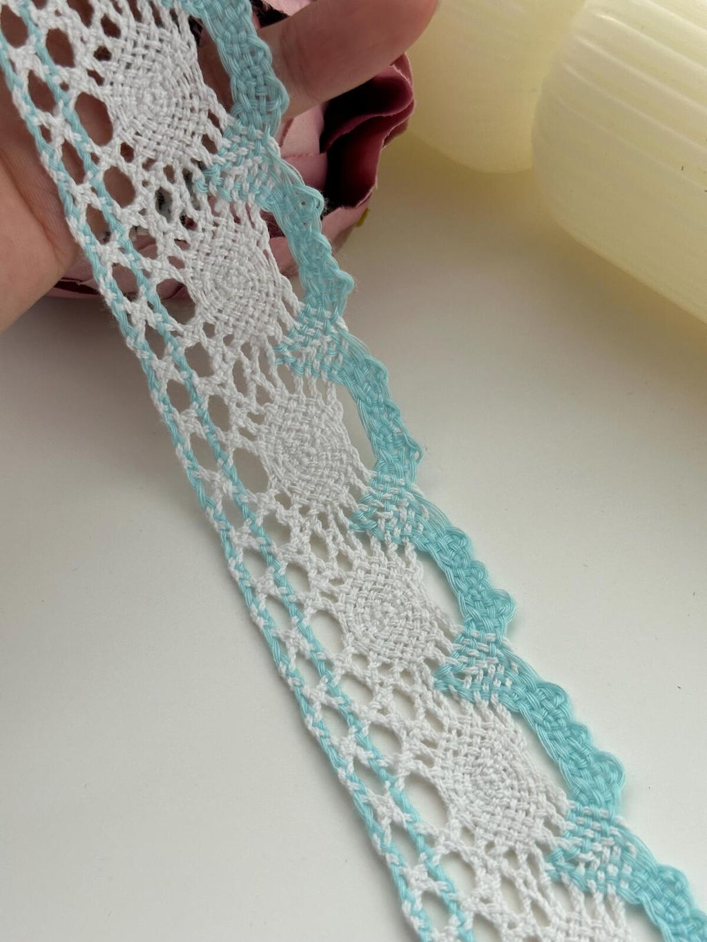 3Yds Non-Stretch 1.5" Light Blue White Cotton Crochet Scalloped Lace Wholesale