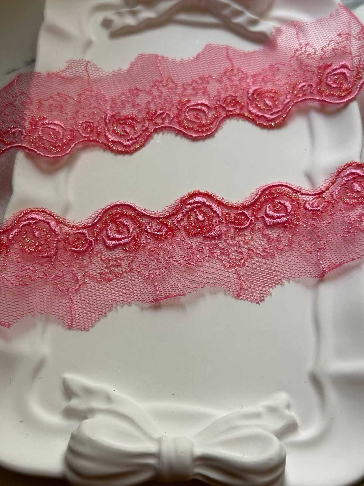10yds Glitter Pink Rose Embroidered Mesh Organza Lace Trim by the Yard, Narrow Shimmer Metallic Ribbon for Craft Junk Journal, 1"