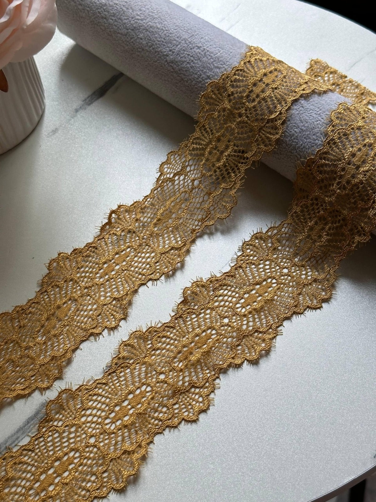 Gold Eyelash Lace Trim, 2" Eyed Stretch Ribbon, Bulk Clearance Coquette Y2K Lace, Lingerie Lace, DIY Sewing, Retail Wholesale