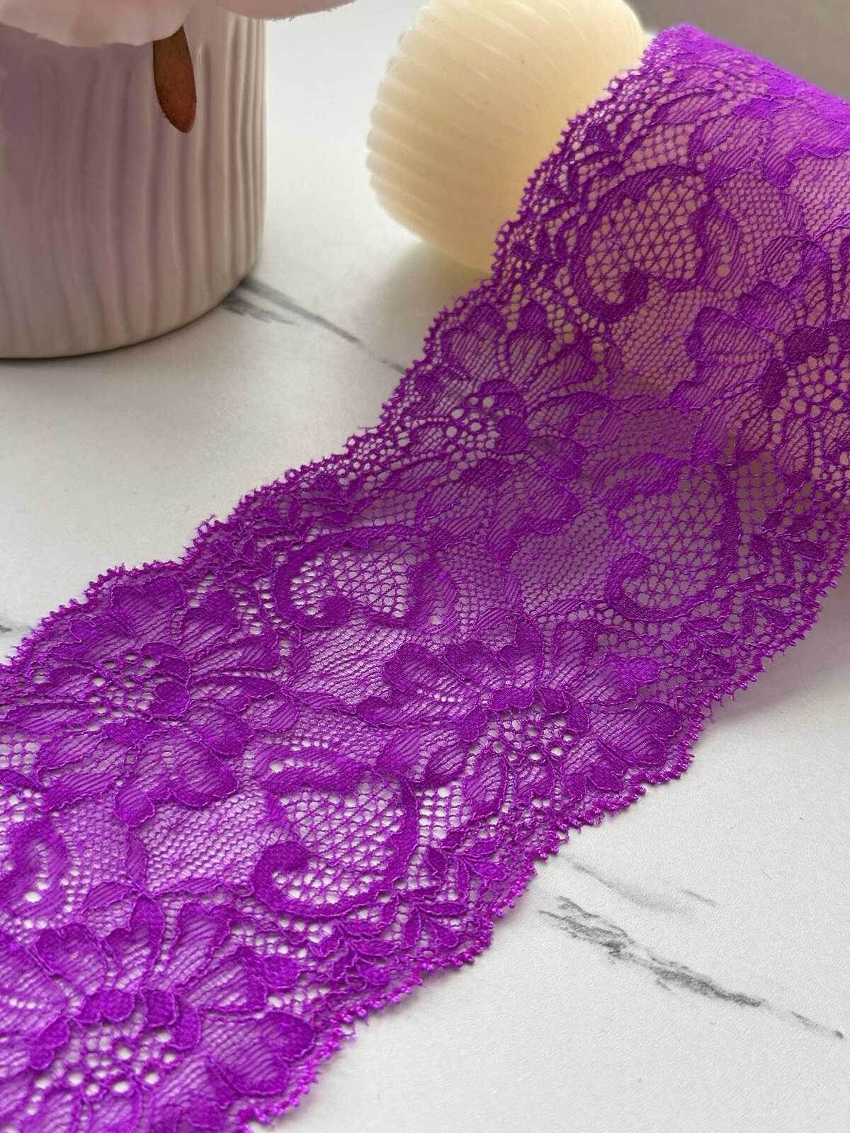 6Yds Stretch 3.5" Vibrant Purple Magenta Floral Scalloped Stretch Lace Trim