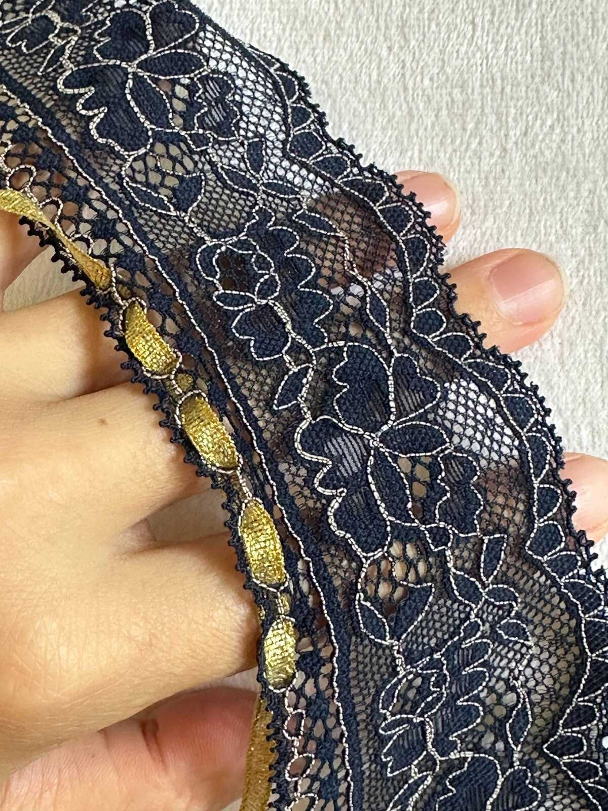 10yds Navy Blue Stretch Lace Trim with Silver Outline, Floral Insertion Beading Ribbon (2.5" Wide)