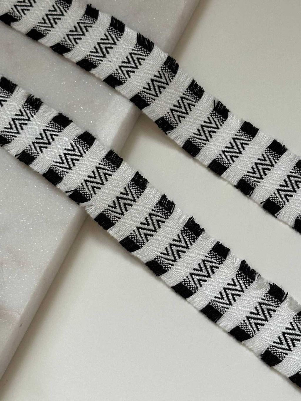 Black White Geometric Jacquard Trim by Yard, 1.25" Fringed Boho Ribbon, Tribal Edge, Coquette Craft Supply, DIY Sewing, Retail Wholesale