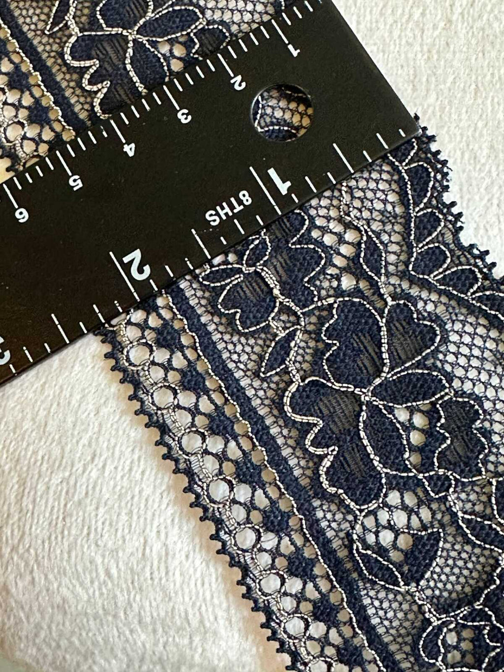 10yds Navy Blue Stretch Lace Trim with Silver Outline, Floral Insertion Beading Ribbon (2.5" Wide)