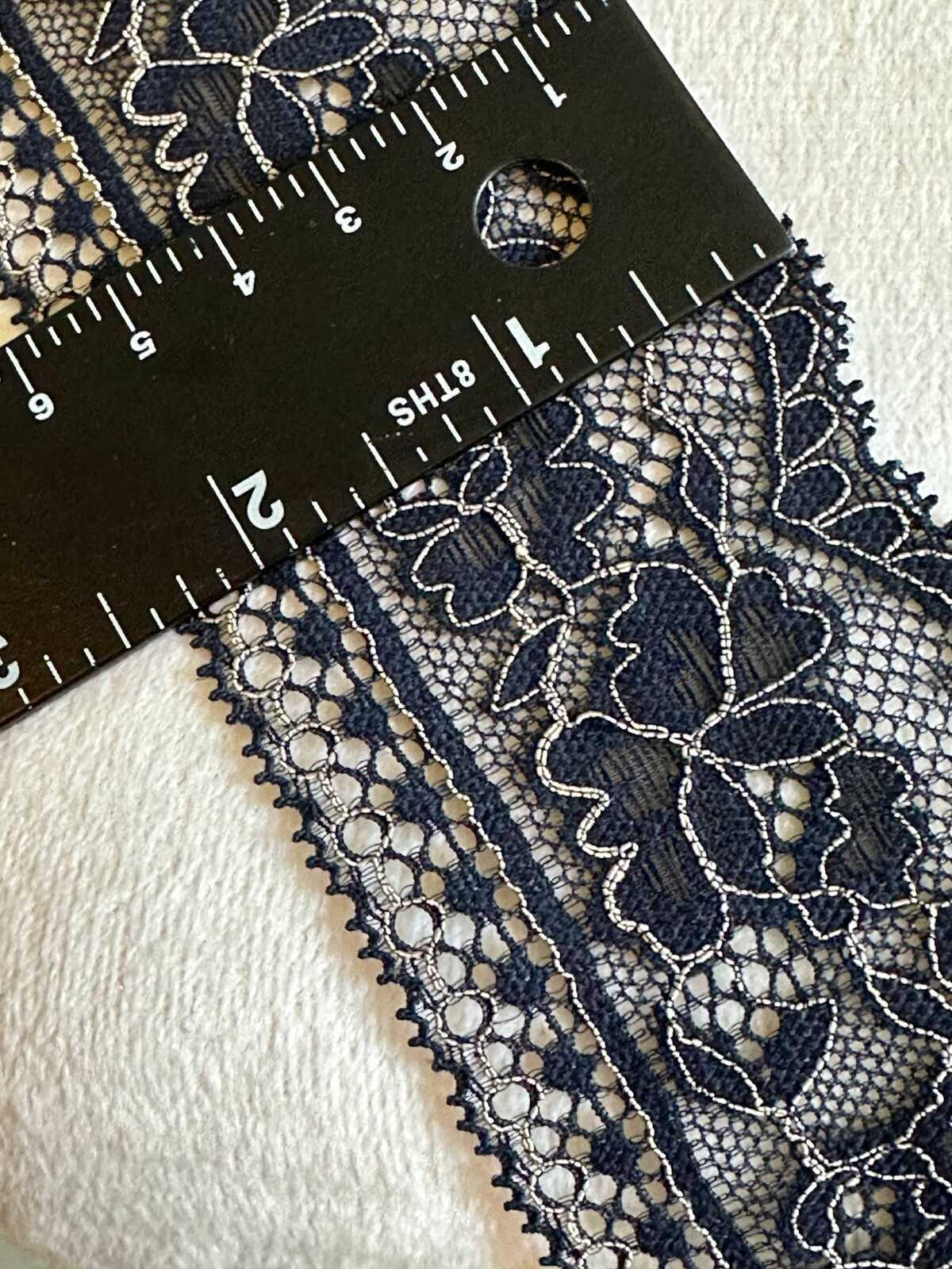 10yds Navy Blue Stretch Lace Trim with Silver Outline, Floral Insertion Beading Ribbon (2.5" Wide)