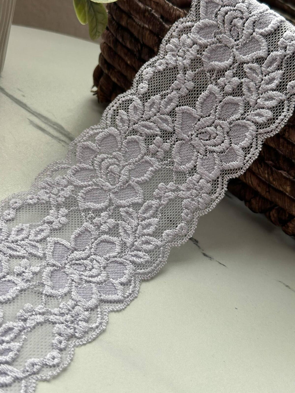10Yds Stretch 3.2" Light Purple Embossed Floral Scalloped Stretch Lace Trim