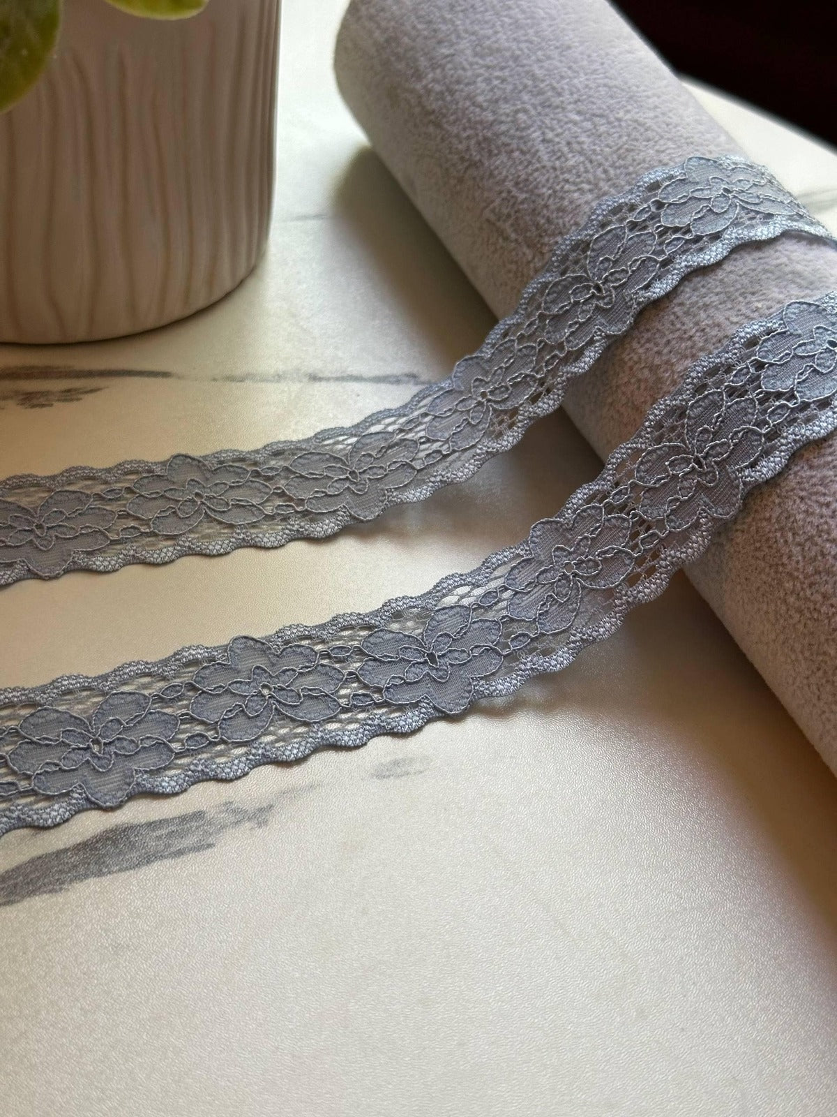 10yds  Soft Dusty Slate Blue Floral Stretch Lace Trim by the Yard, Narrow Scalloped Elastic Ribbon for Coquette Crafts, 1" Retail Wholesale