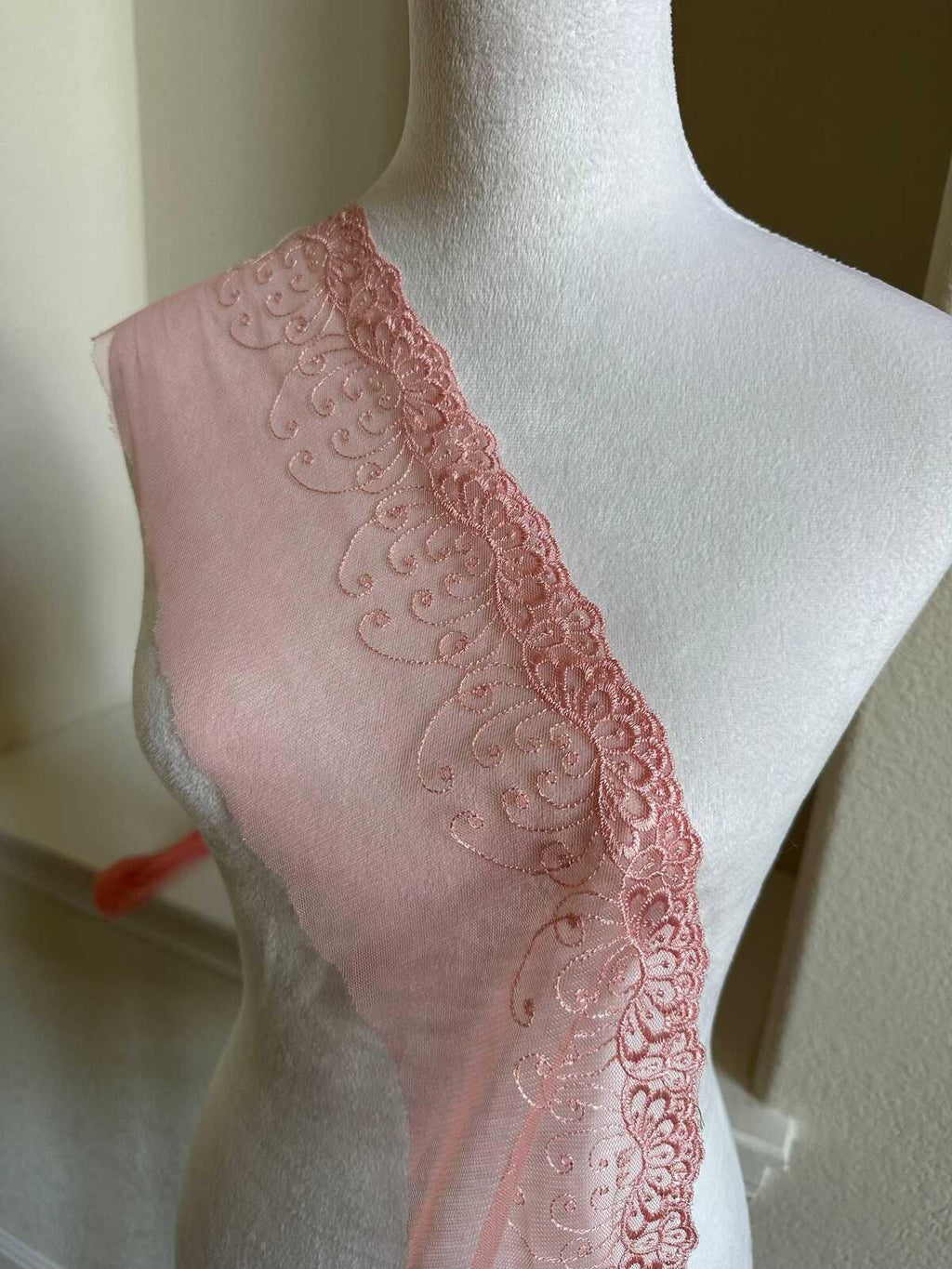 5" Pink Embroidered Mesh Lace Trim Elegant Scalloped Edge Vine Floral Tulle Ribbon for Lingerie Bridal Gowns Veil Crafts Sewing