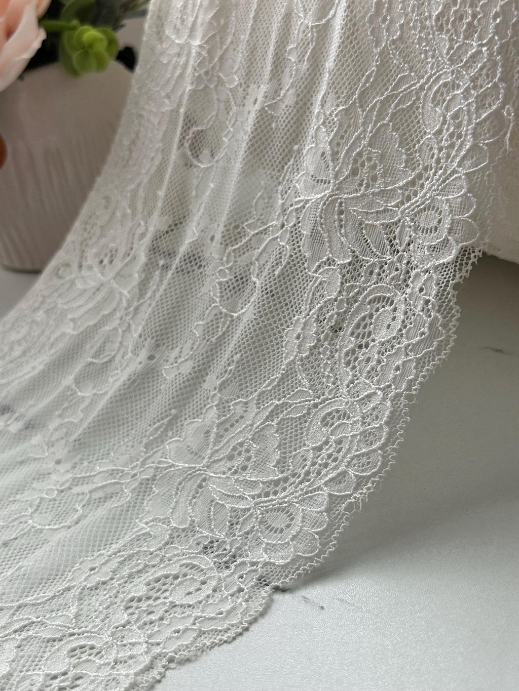 3Yds Soft Stretch 8" French White Floral Scalloped Wide Stretch Lace Wholesale