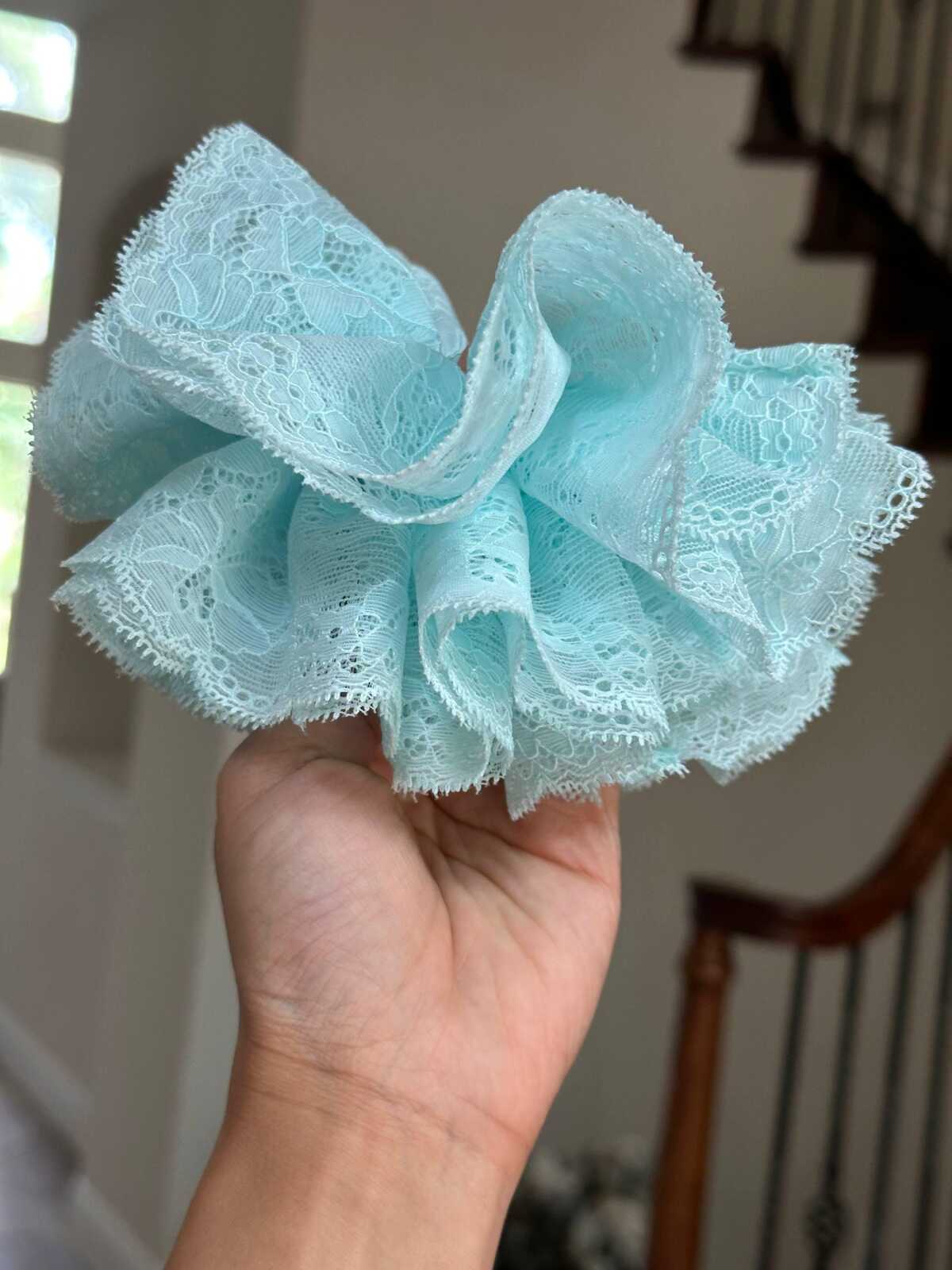 Oversized Double Layer Lace Scrunchie, Jumbo Handmade Mint Blue Ruffle Hair Tie, Elegant Balletcore Coquette Ponytail Holder, Gift